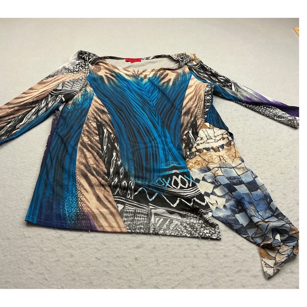 Lior Luxe Paris Top Abstract Animal Print Asymmetrical Sharkbite Blue Small S